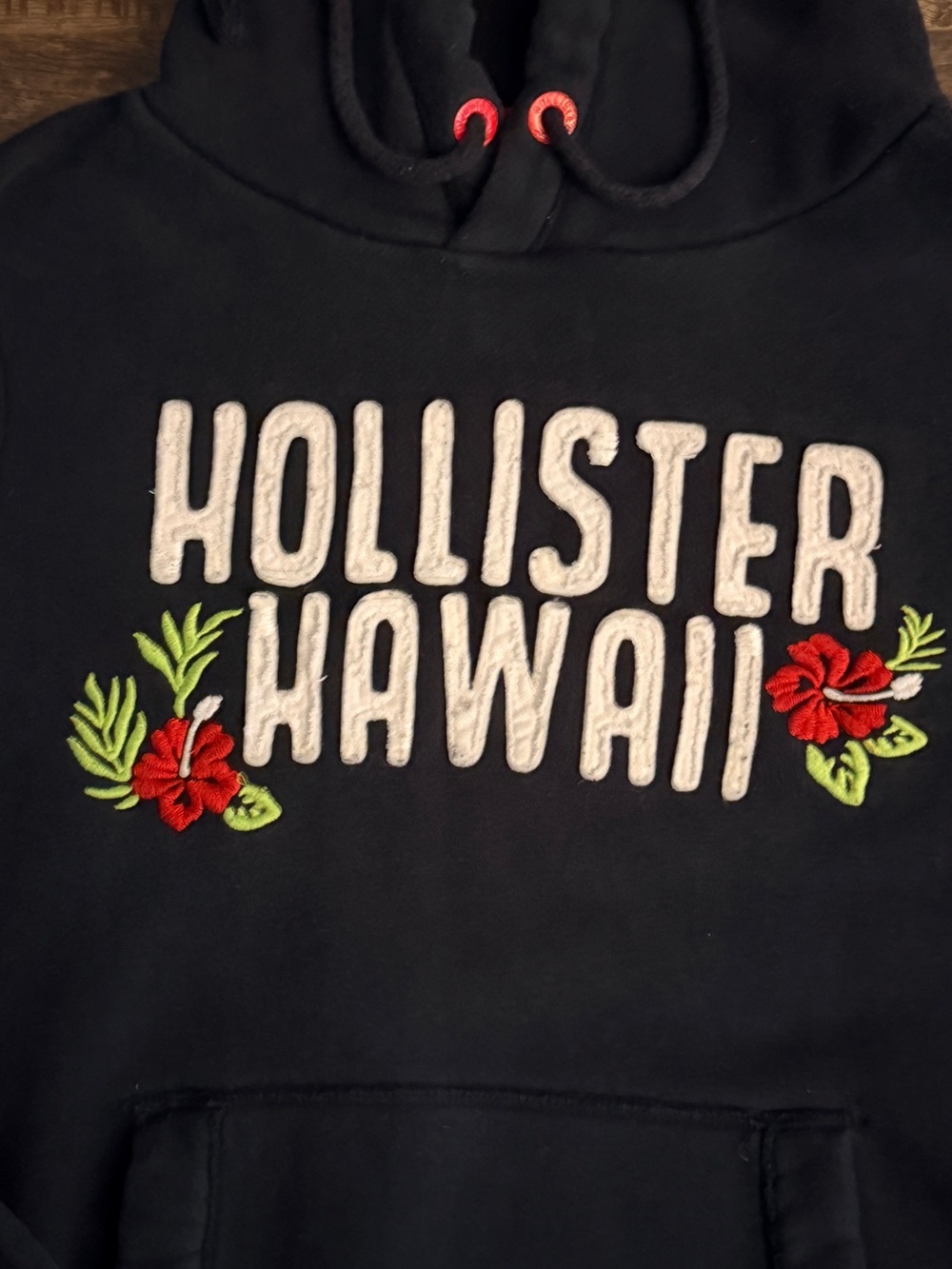 Hollister Black Hoodie with White Logo and Red Floral Embroidery
